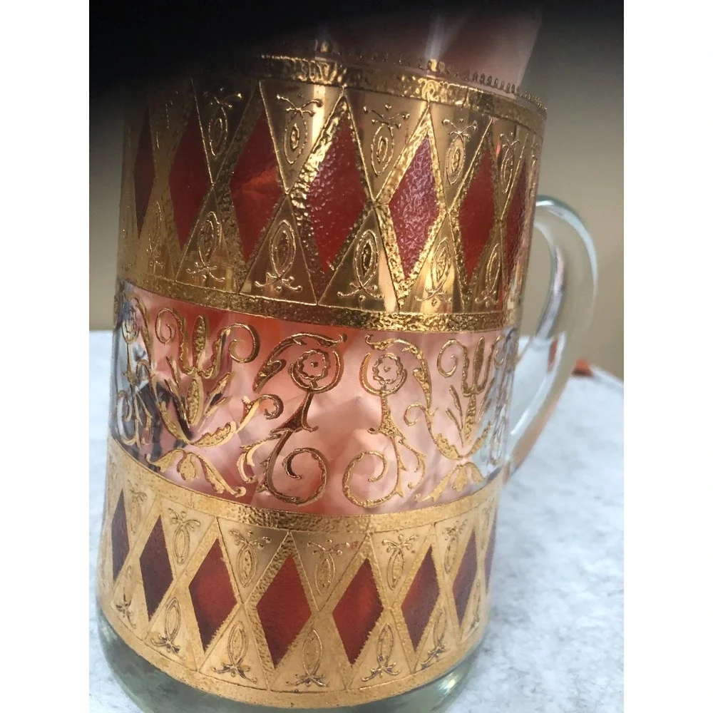 Vintage West Virginia Glass Co Rainier Pitcher 22K Gold Cranberry Diamond MCM